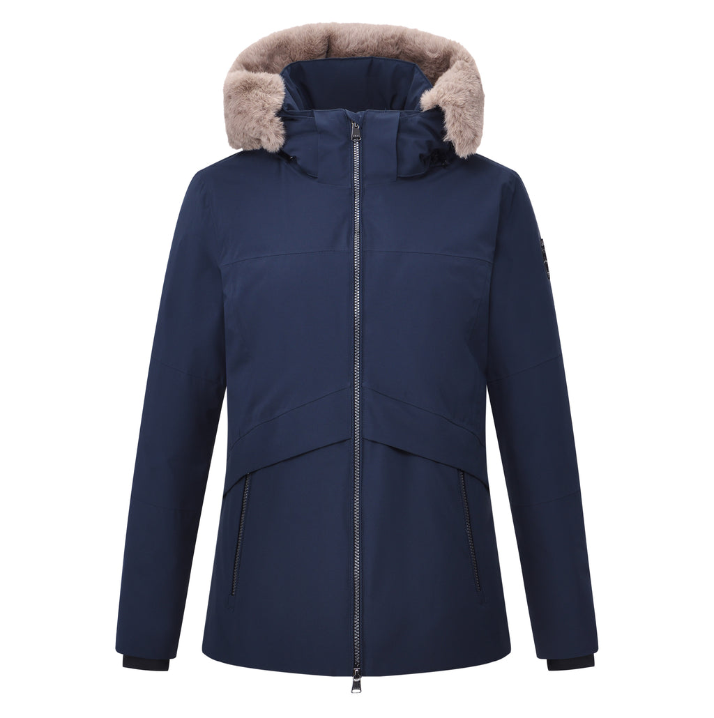 HV Society jas donkerblauw met kap en afneembare imitatiebontrand voor dames