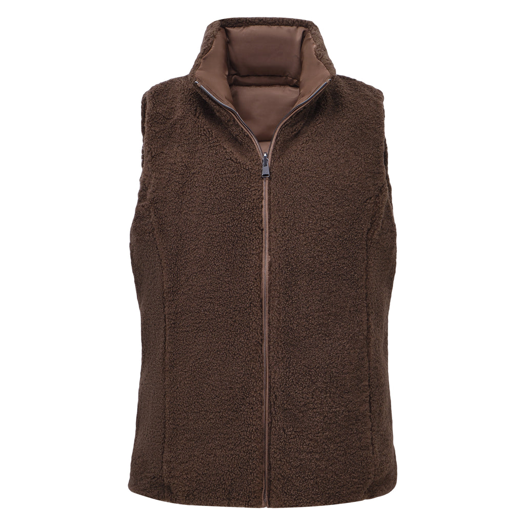 HV Society bodywarmer taupe omkeerbaar met gewatteerde en teddy zijde voor dames