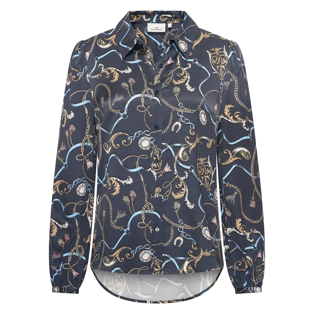 HV Society blouse donkerblauw met kettingprint en ballonmouwen voor dames