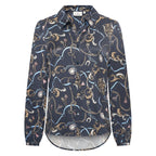 HV Society blouse donkerblauw met kettingprint en ballonmouwen voor dames