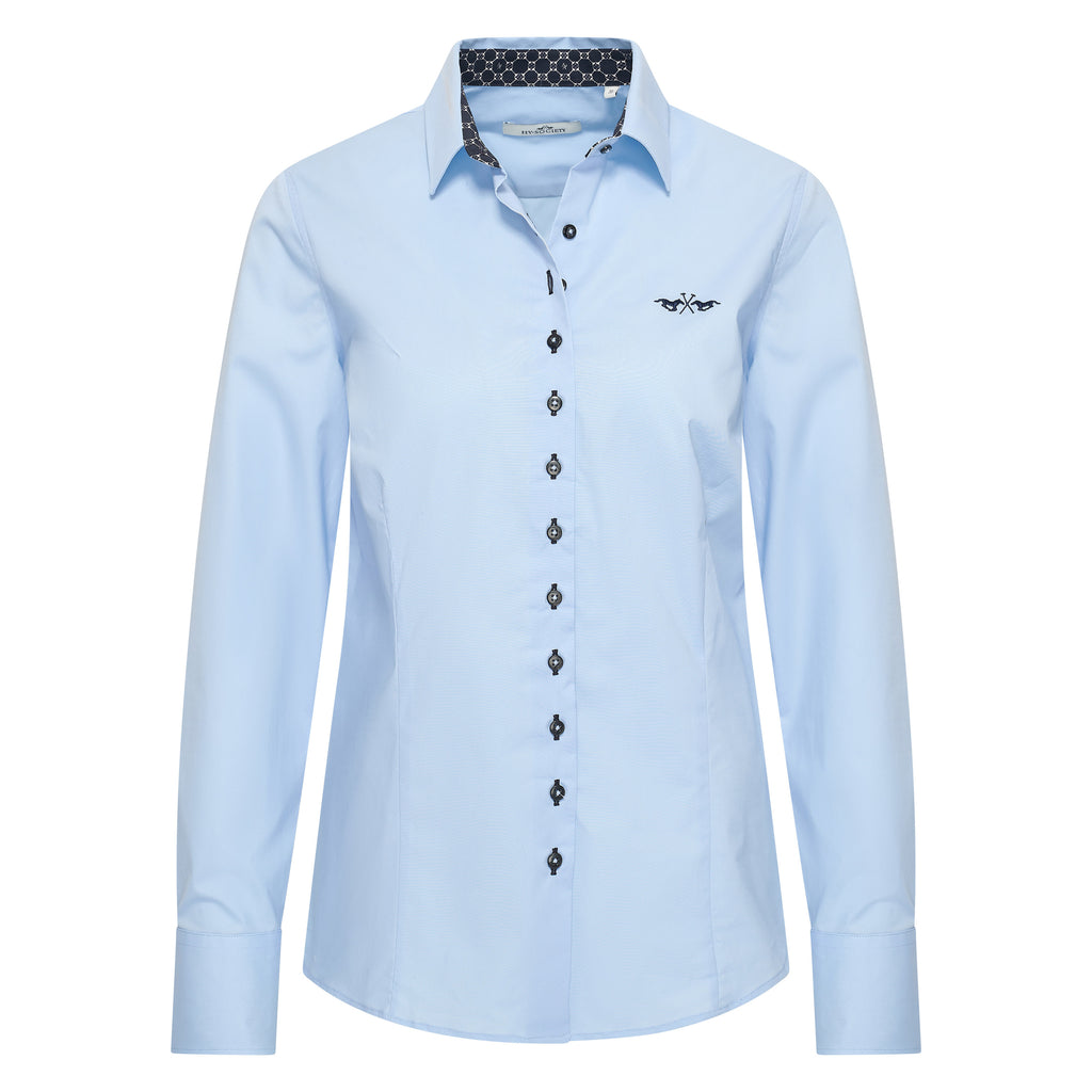 HV Society blouse lichtblauw met contrastknopen en geborduurd logo voor dames