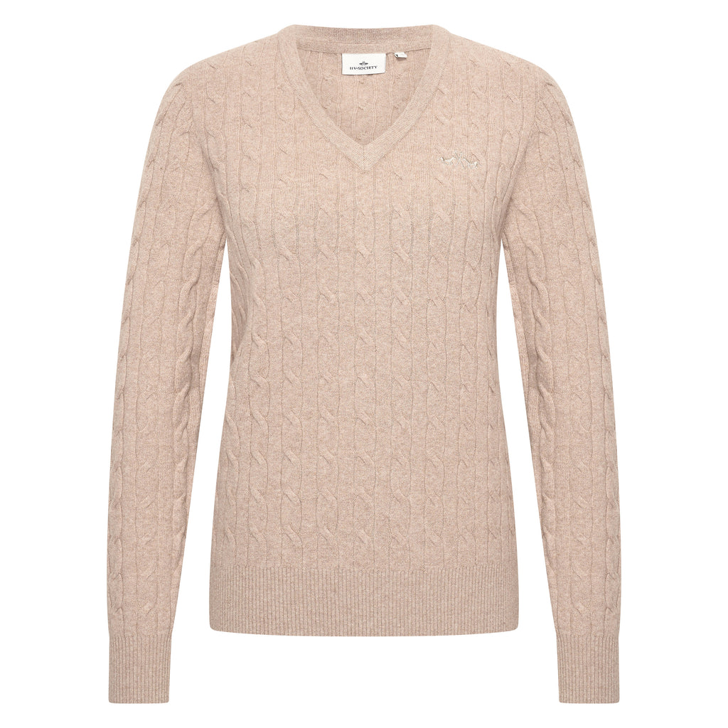 HV Society trui beige met kabelmotief en V-hals voor dames