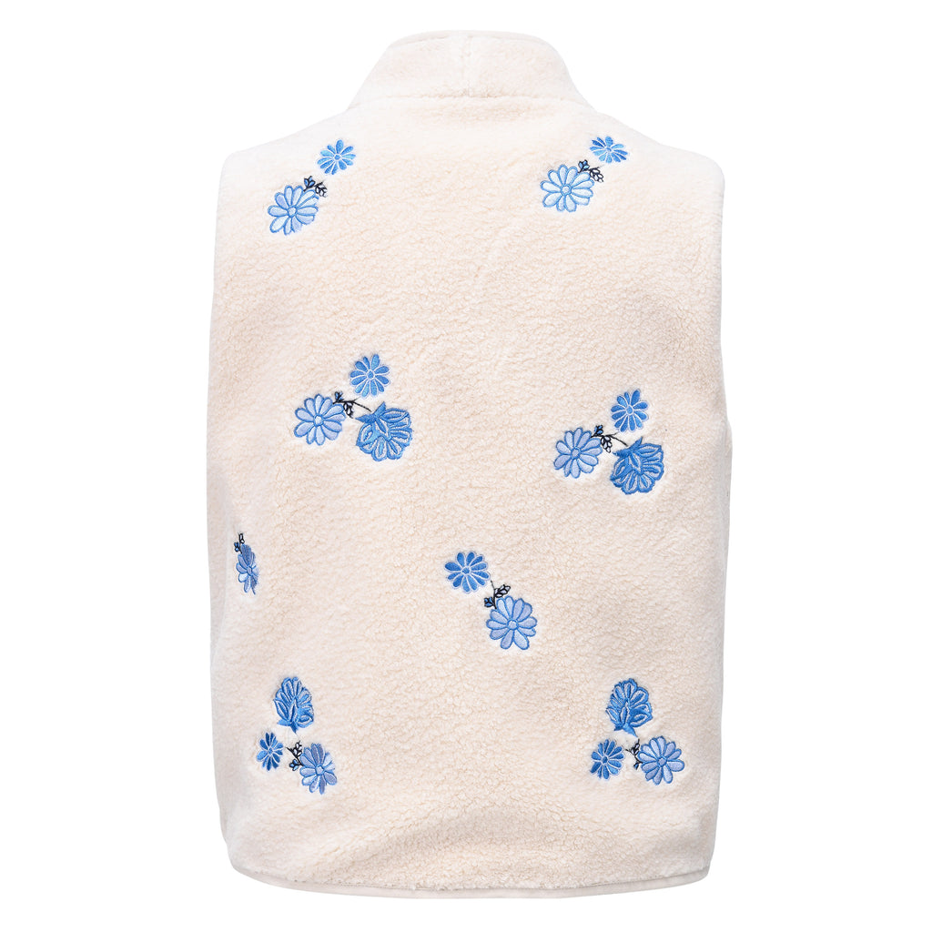 HV Society vest ecru mouwloos in teddystof met geborduurde bloemen voor dames