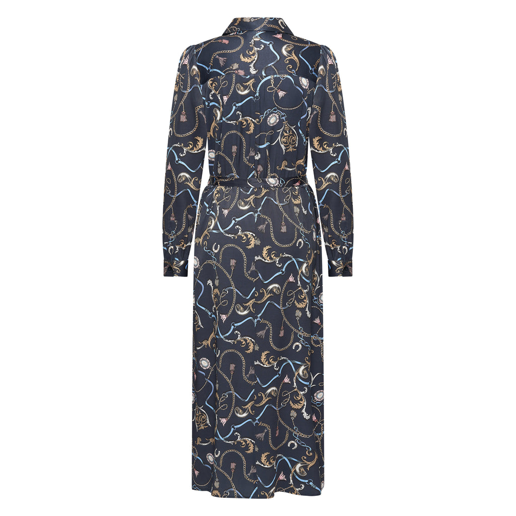 HV Society jurk donkerblauw met kettingprint en strikceintuur voor dames