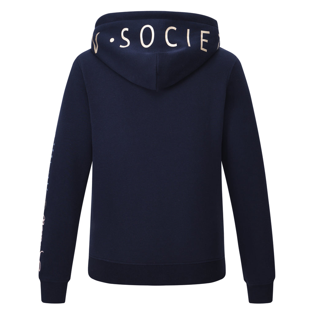 HV Society vest donkerblauw met kap, rits en logoprint voor dames