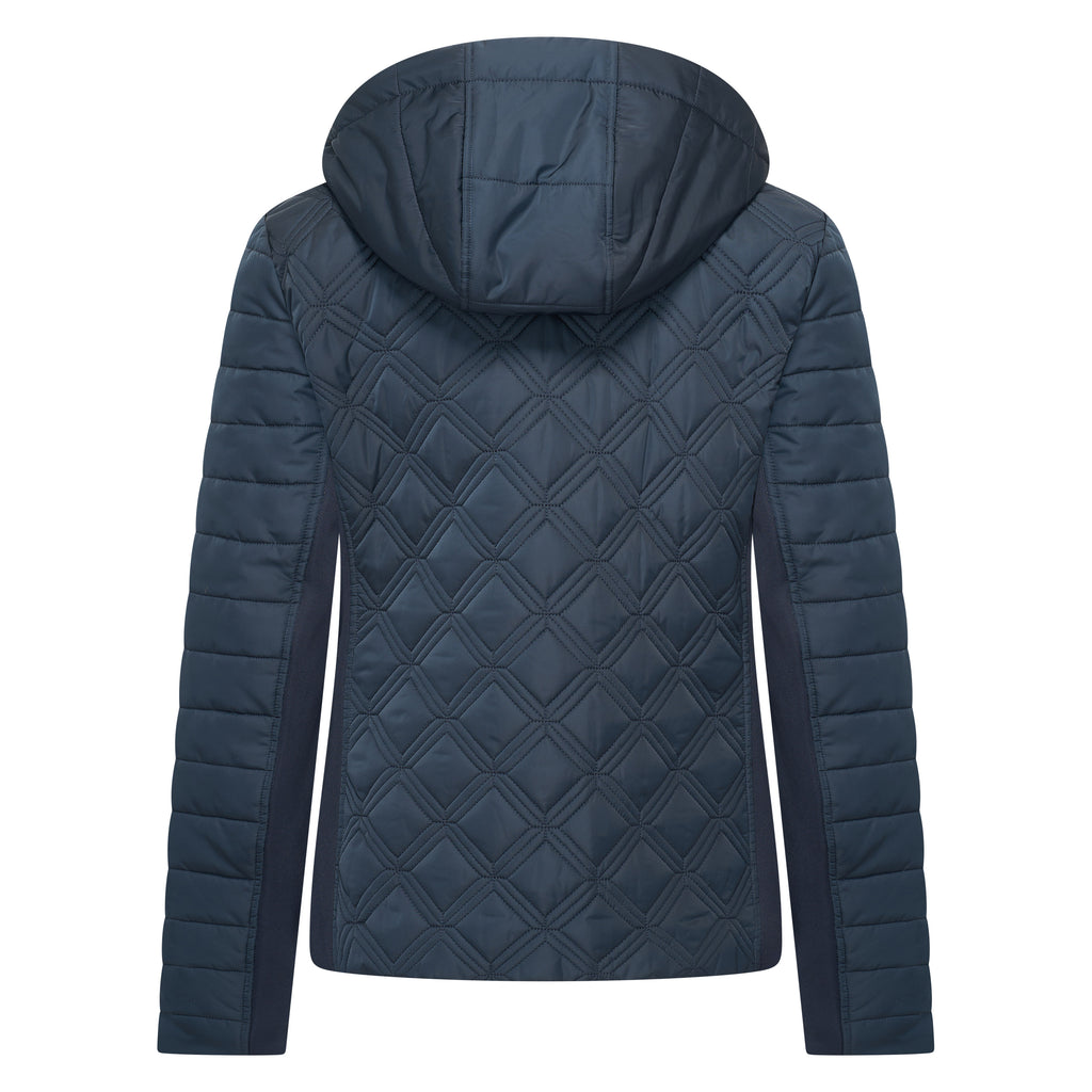 HV Society jas donkerblauw gewatteerd met kap en tweewegrits voor dames