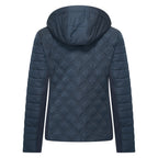 HV Society jas donkerblauw gewatteerd met kap en tweewegrits voor dames