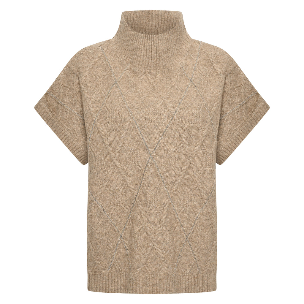 HV Society vest beige mouwloos gebreid met col en ruitstructuur voor dames