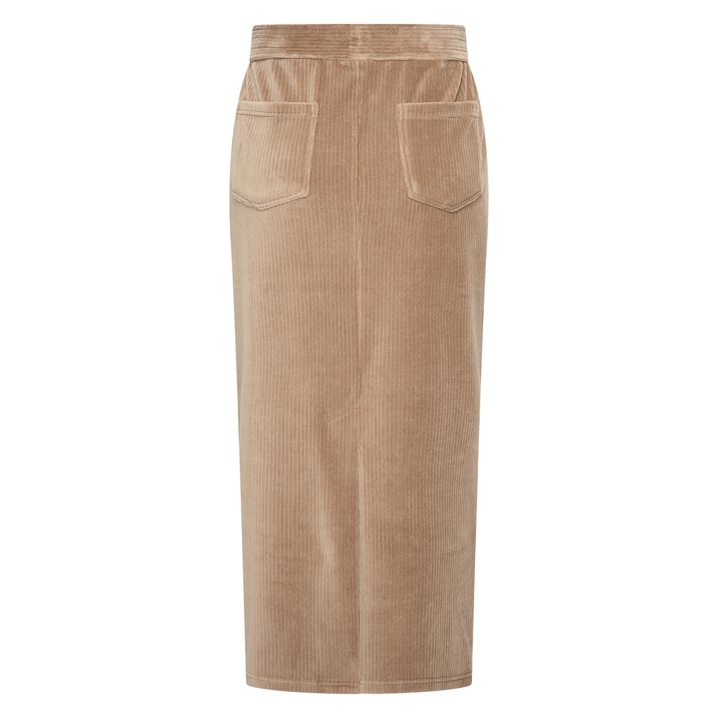HV Society rok beige in ribfluweel met split en achterzakken voor dames