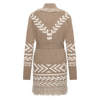 HV Society vest taupe met ecru motief, franjes en strikceintuur voor dames