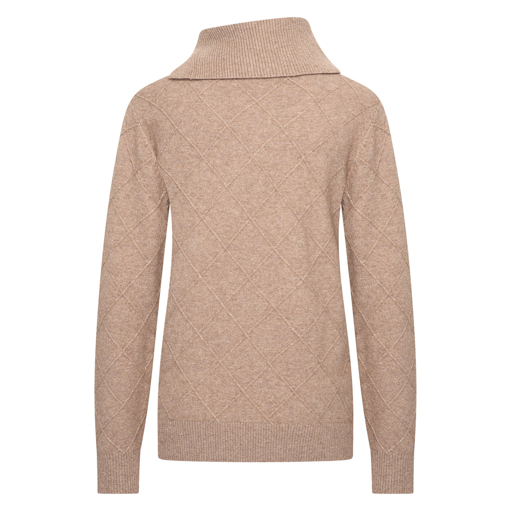 HV Society trui taupe met overslaande kraag en ruitstructuur voor dames