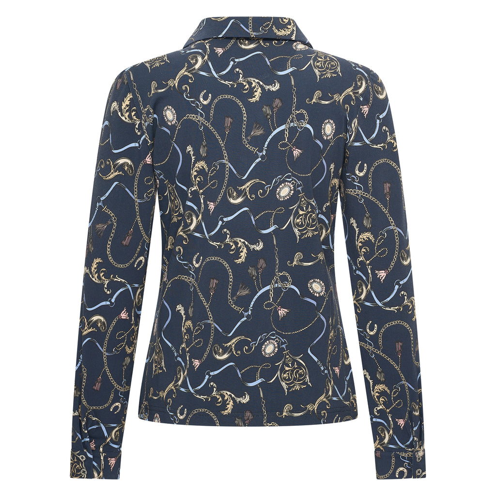 HV Society top donkerblauw met kettingprint en polokraag voor dames
