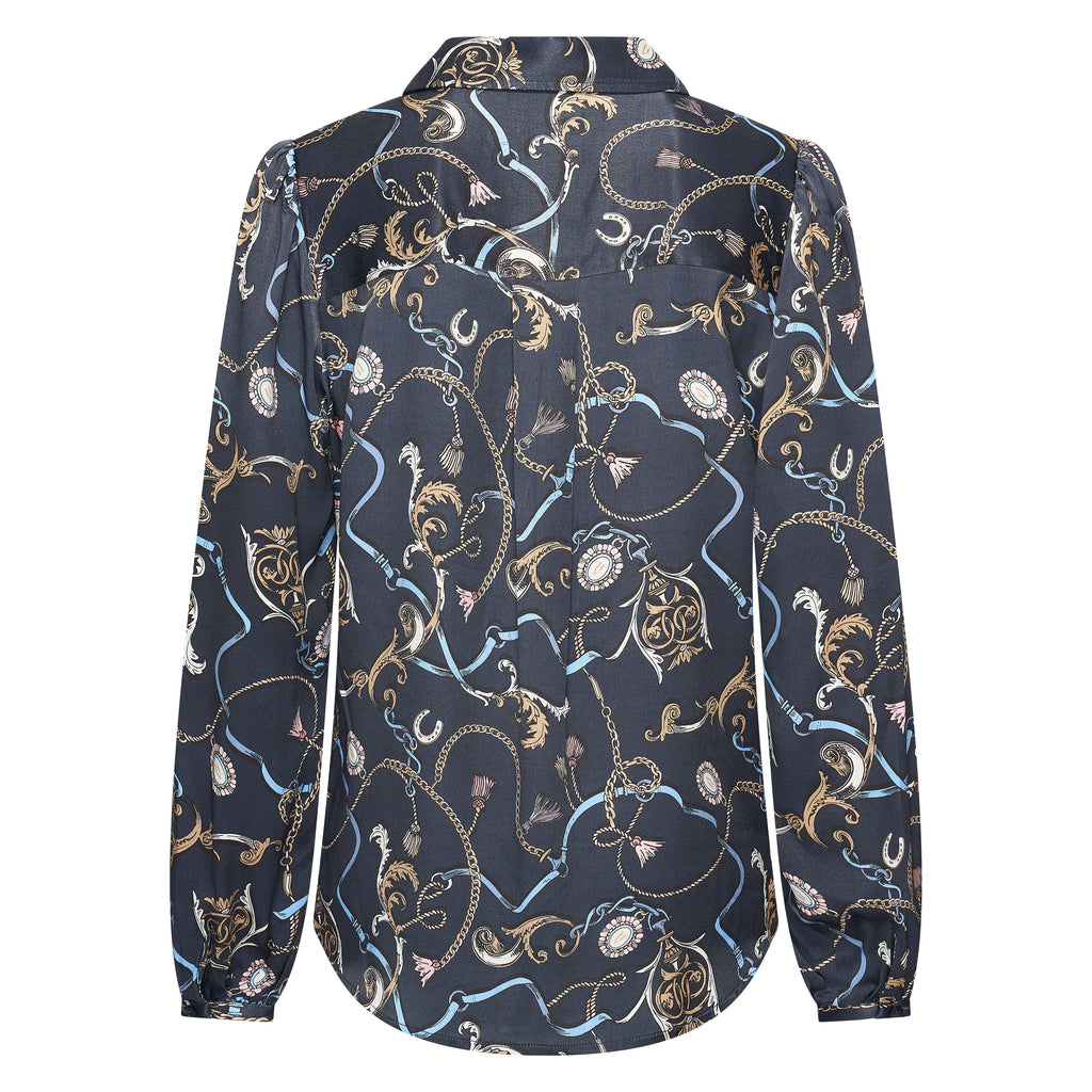 HV Society blouse donkerblauw met kettingprint en ballonmouwen voor dames