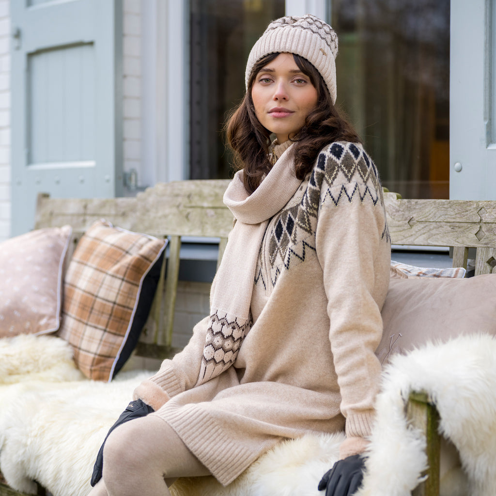 HV Society jurk ecru gebreid met jacquardmotief en halve rits voor dames