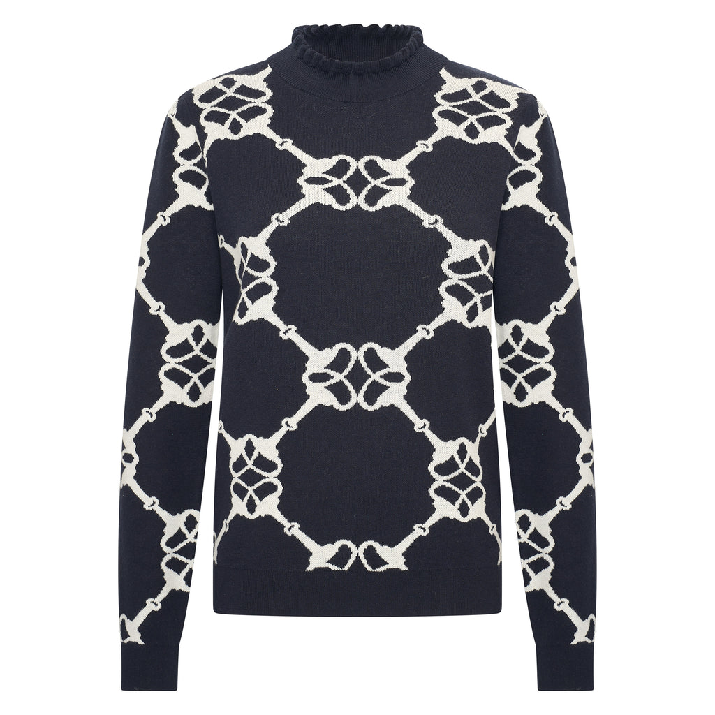 HV Society trui donkerblauw met ecru kettingmotief en ruchekraag voor dames