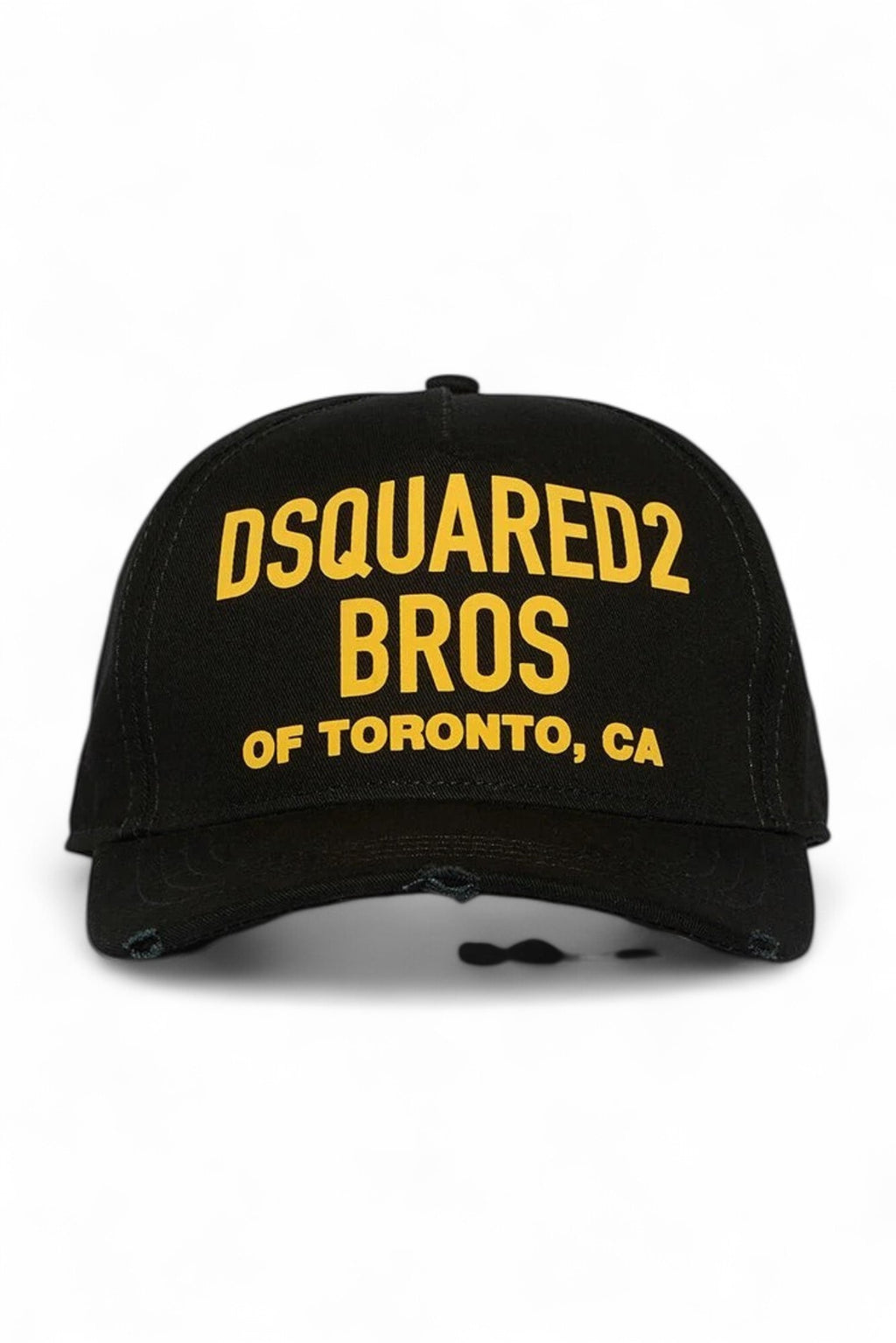 Dsquared2 pet zwart met gele tekstopdruk en gerafelde klep unisex