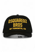 Dsquared2 pet zwart met gele tekstopdruk en gerafelde klep unisex