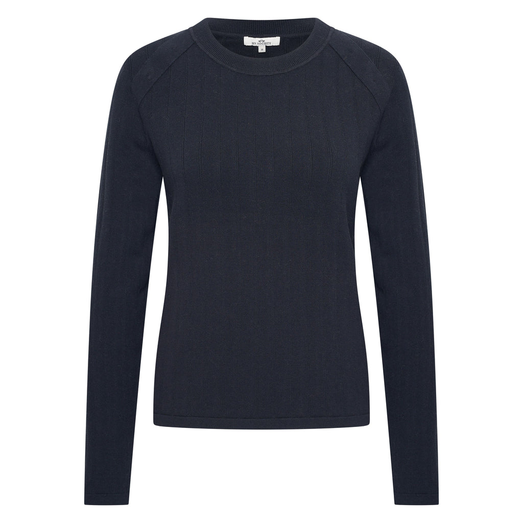 HV Society trui donkerblauw met ribstructuur en raglanmouwen voor dames