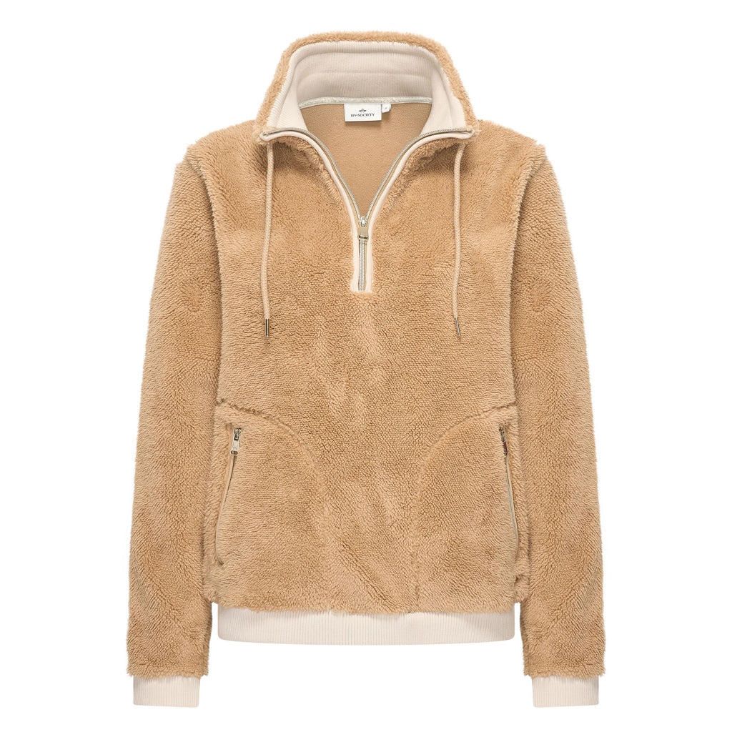 HV Society trui camel in teddystof met halve rits voor dames