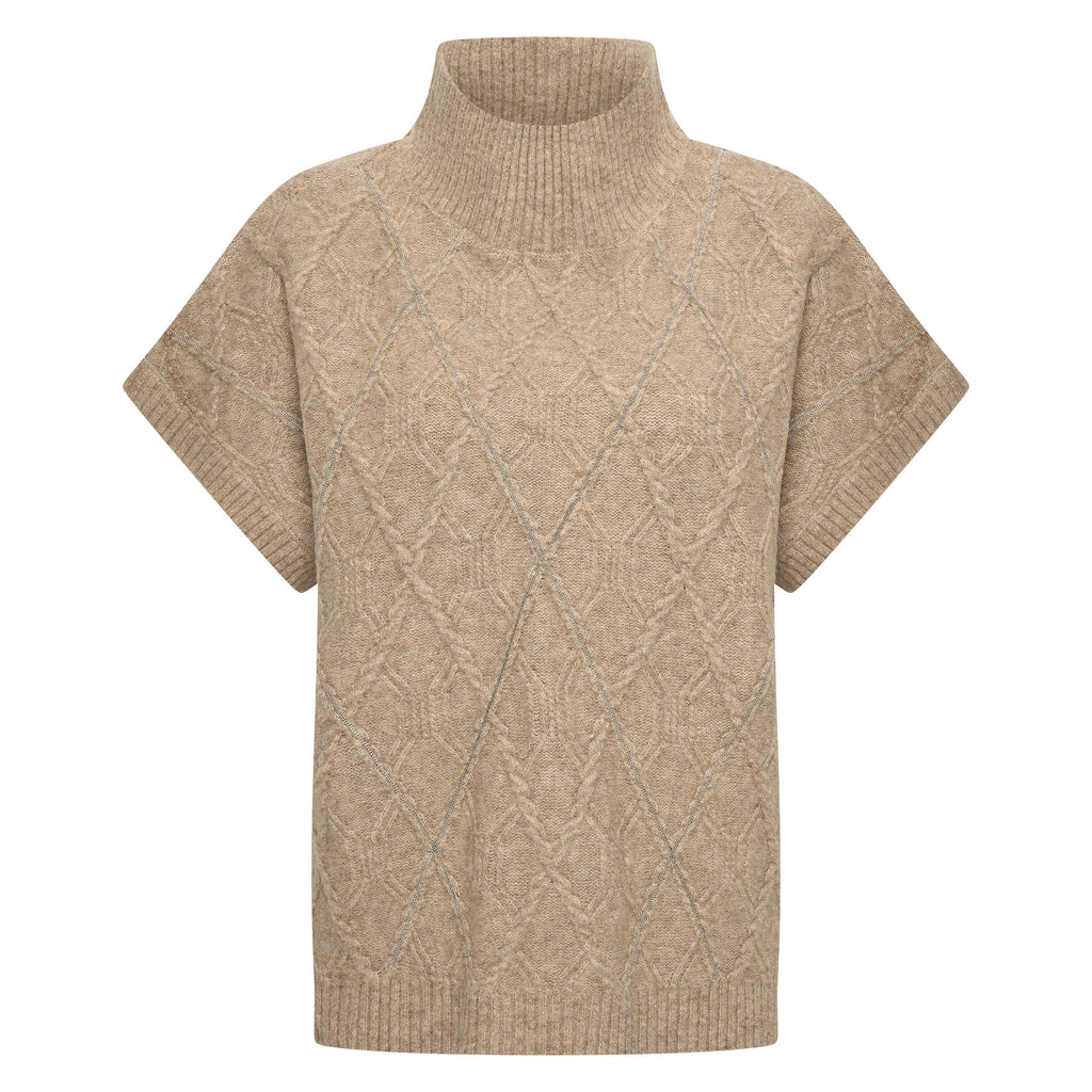 HV Society vest beige mouwloos gebreid met col en ruitstructuur voor dames