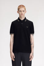 Fred Perry polo zwart met dubbele bies in ecru en olijf voor heren