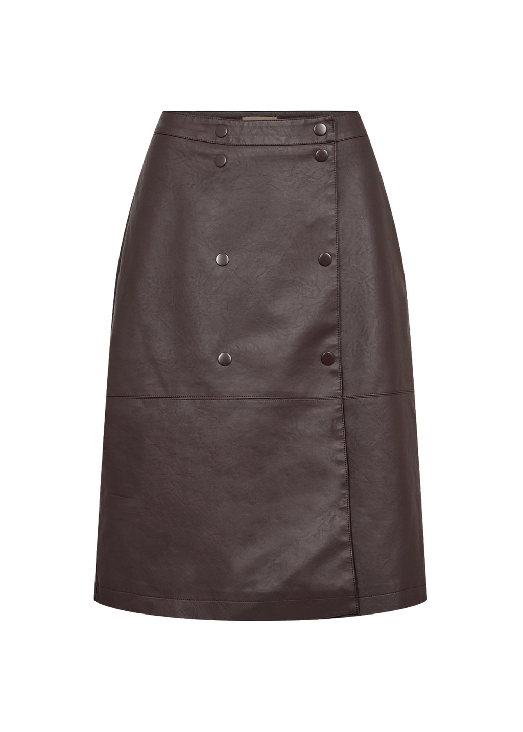 Soyaconcept rok donkerbruin in leerlook met dubbele rij drukknopen voor dames