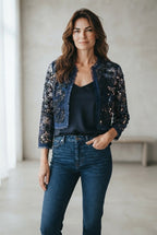 Baum und Pferdgarten cardigan blauw met pailletten en franjeboorden voor dames