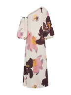 Stine Goya jurk ecru met grote bloemenprint en asymmetrische hals voor dames