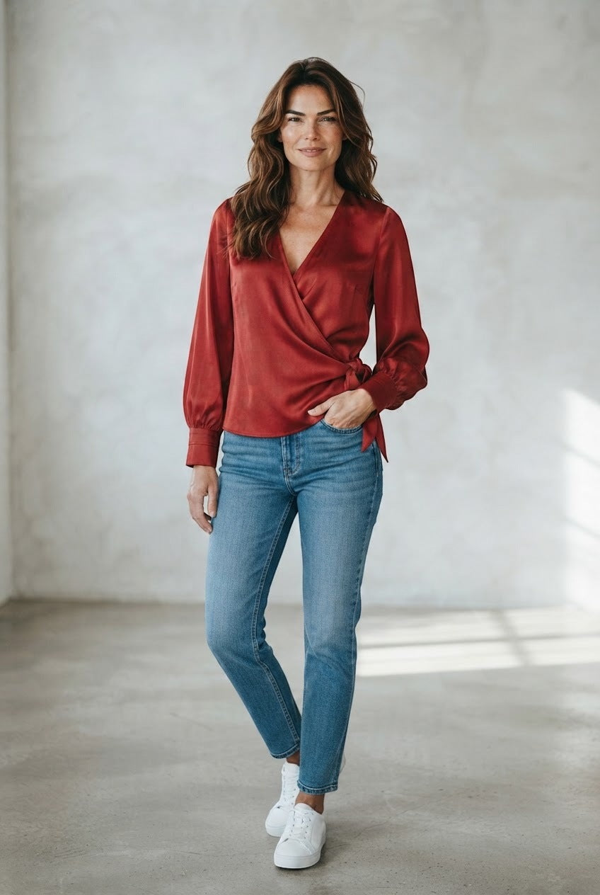 Ottod'Ame blouse rood met overslag en strik opzij voor dames