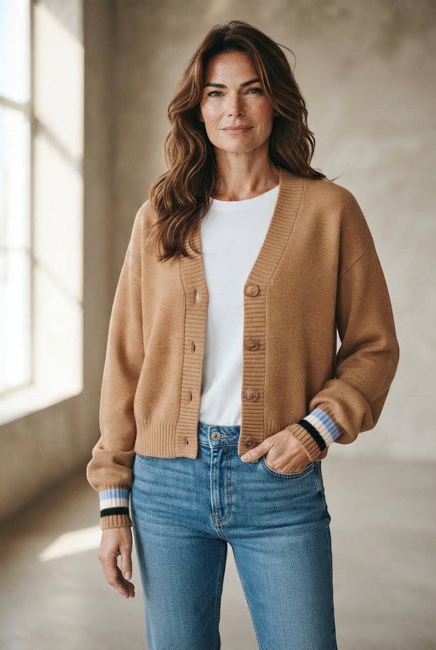 Ottod'Ame cardigan camel met gestreepte boorden voor dames