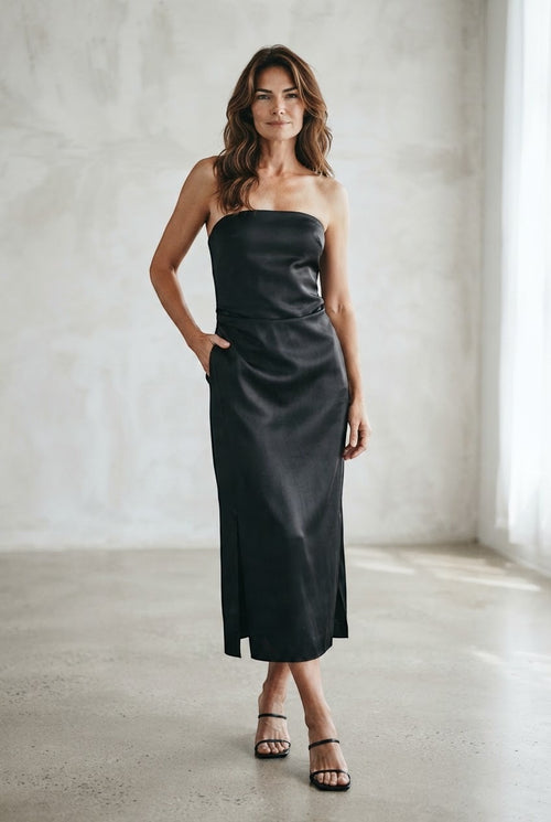 Ottod'Ame jurk zwart strapless met drapering en split voor dames
