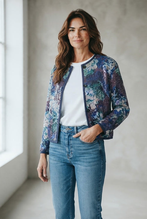 Gigue cardigan blauw met pailletten en bloemenmotief voor dames
