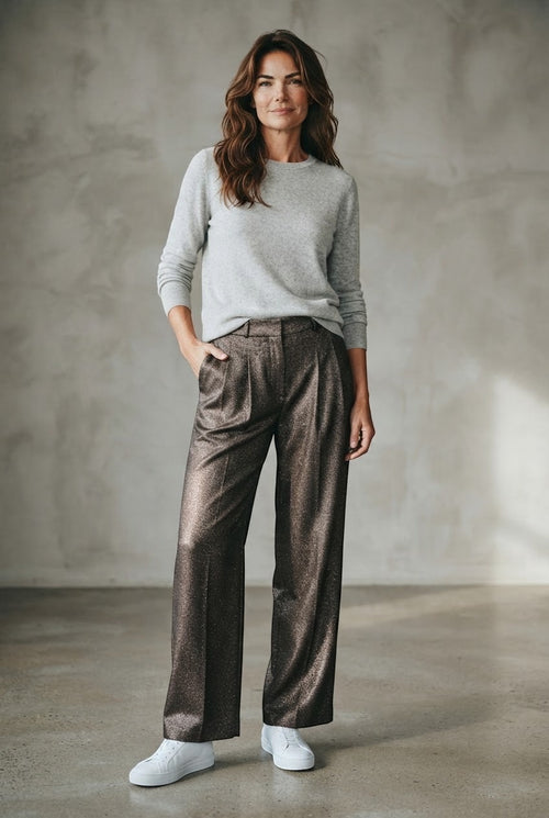 Gigue broek bruin met lurex en plooien voor dames