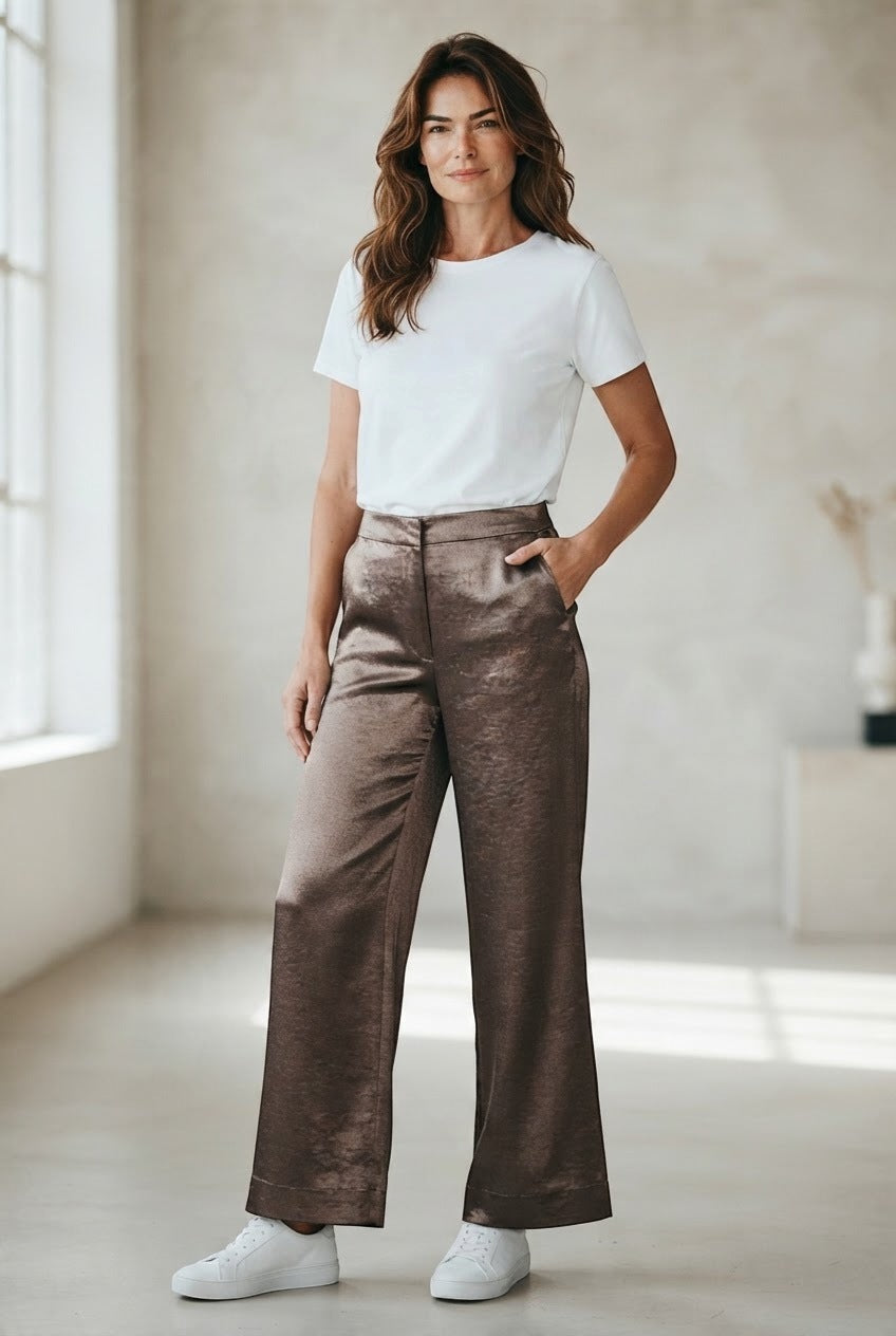 Selected broek brons met metallic glans en wijde pijpen voor dames