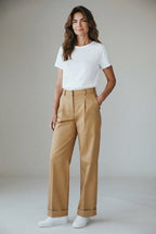 Selected broek camel met bandplooien en omslag voor dames