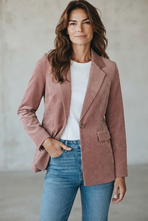 Comma blazer oudroze in ribfluweel met reverskraag voor dames
